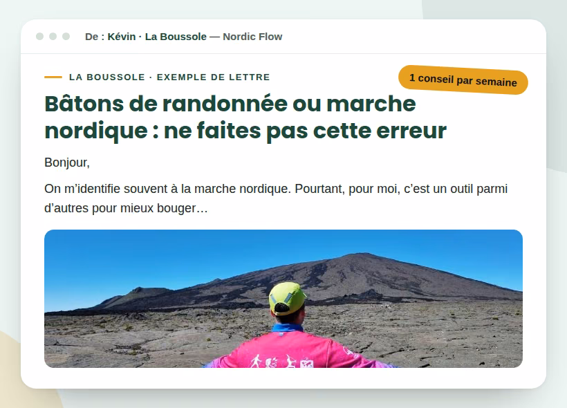 Aperçu d'une lettre La Boussole : conseil de la semaine et photo de Kévin à La Réunion